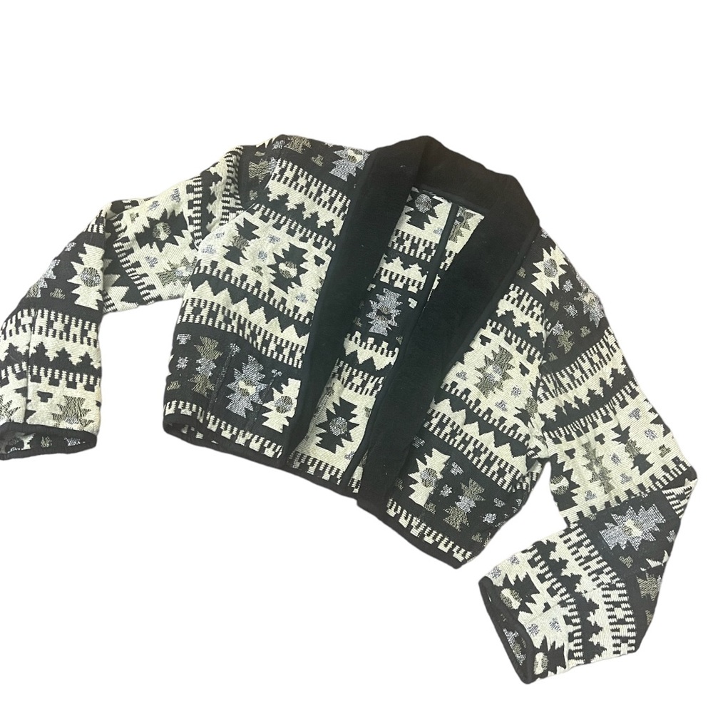Vintage Boho Black & Off White Southwestern Medium Weight Cropped Jacket, S or M